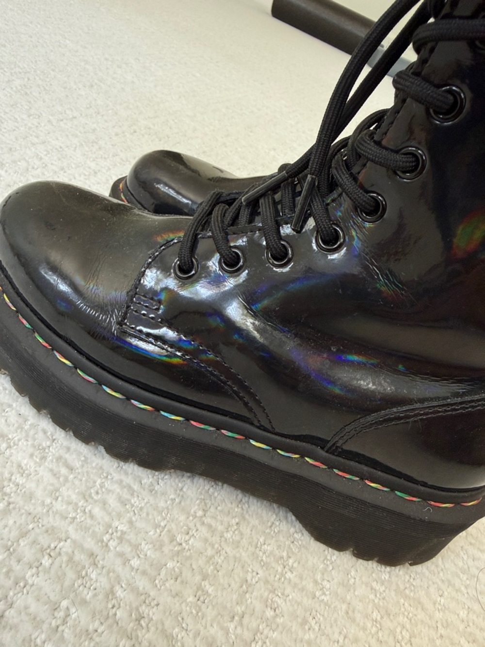 Dr. Martens Black Iridescent Patent Lace-Up Platform Boots Rainbow Stitching - Picture 5 of 7